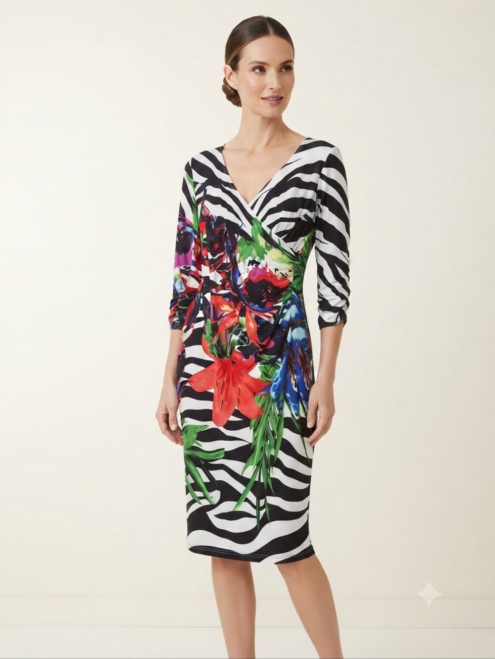 Joseph Ribkoff Black & White Zebra Midi Dress with Bright Floral Accents